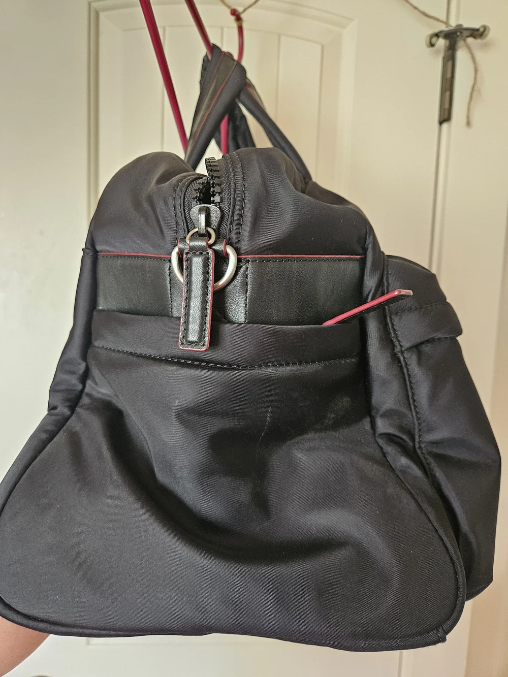 MZ Wallace Black Nylon Bleecker Tote Bag with Red Trim
